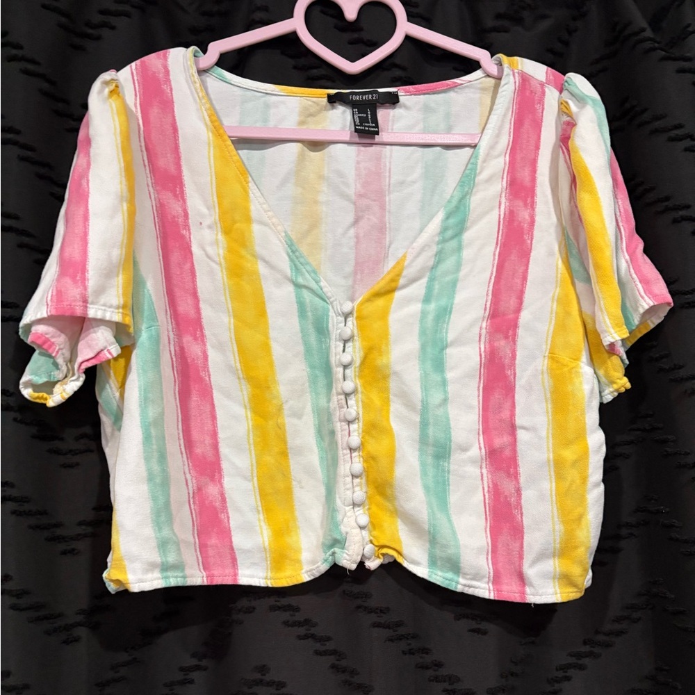 Forever 21 Pastel Striped V-Neck Button Front Crop Top